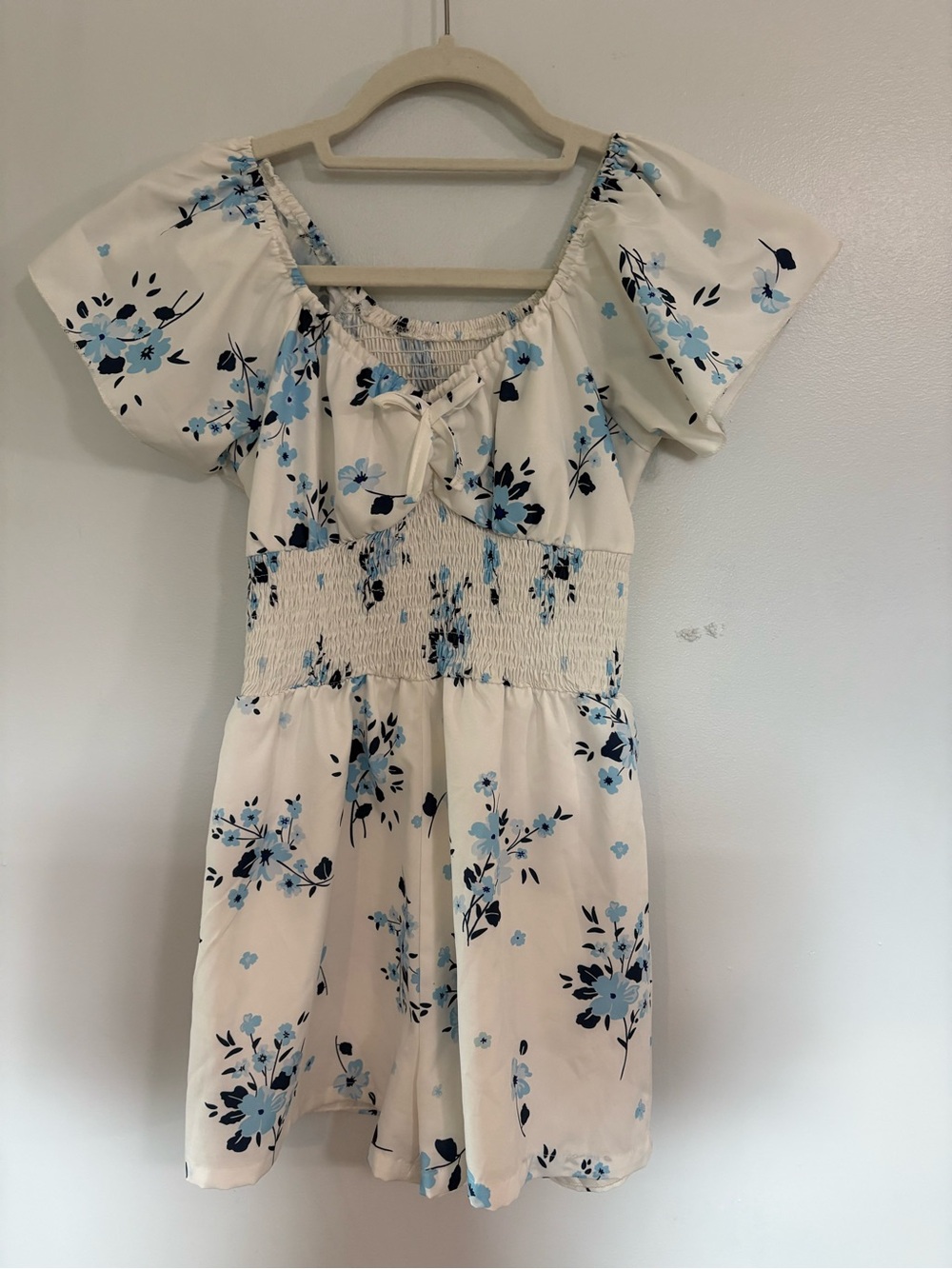 SHEIN Ivory Romper with Light Blue Floral Print